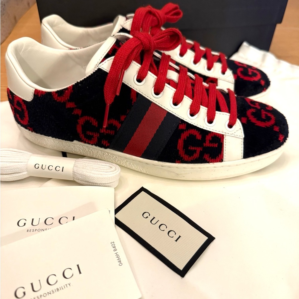 Gucci ace GG terry cloth navy/red size 37 (7-7.5 US) Sneakers with box etc - Picture 4 of 8